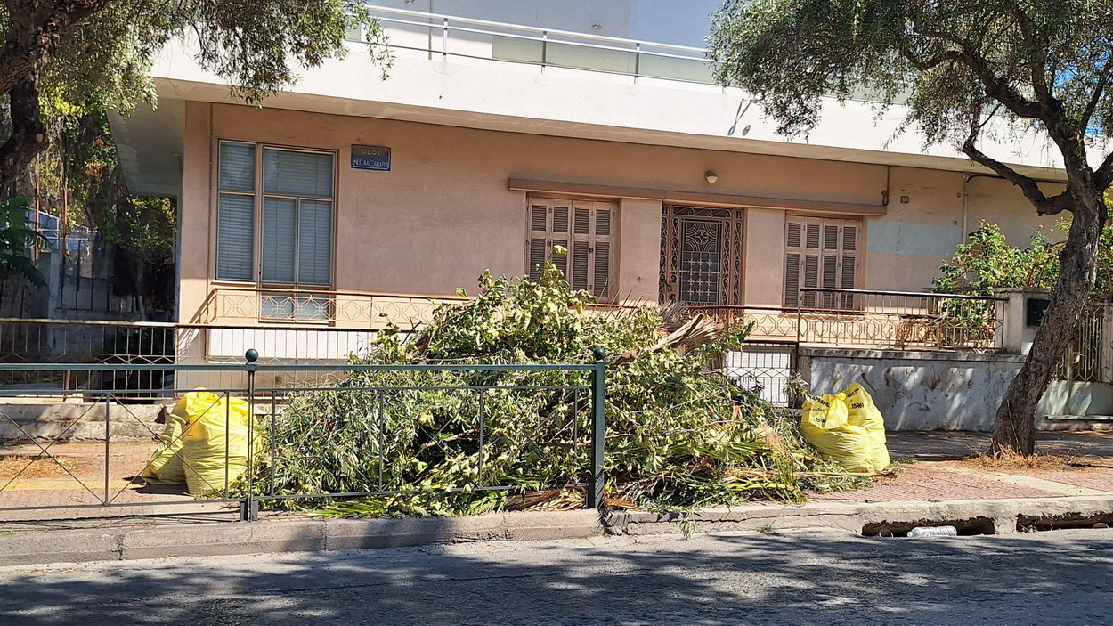 Βουναλάκι από κλαδέματα και πλαστικές σακούλες του δήμου μας, παραμένουν αμετακίνητα στο πεζοδρόμιο της οδού Μεγ. Αλεξάνδρου