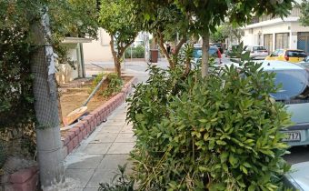 Πεταμένος σε παρτέρι στην οδό Βουτένης στύλος με πινακίδες Σχολείου και κυκλοφορίας